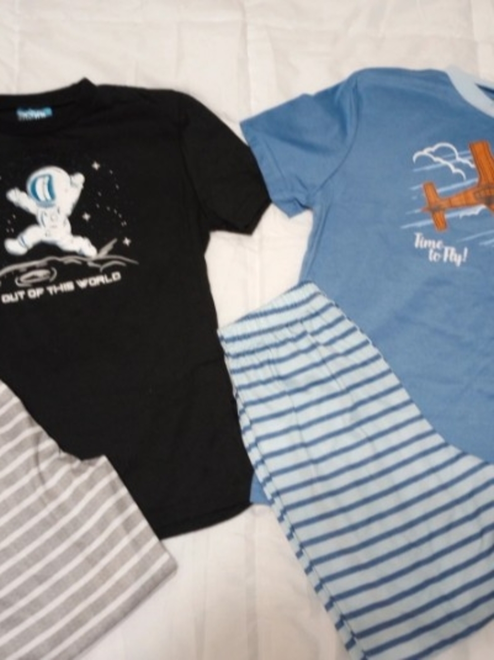 .Boys Pajama Set - Black Astronaut Tee & Blue Plane Tee with Striped Pants